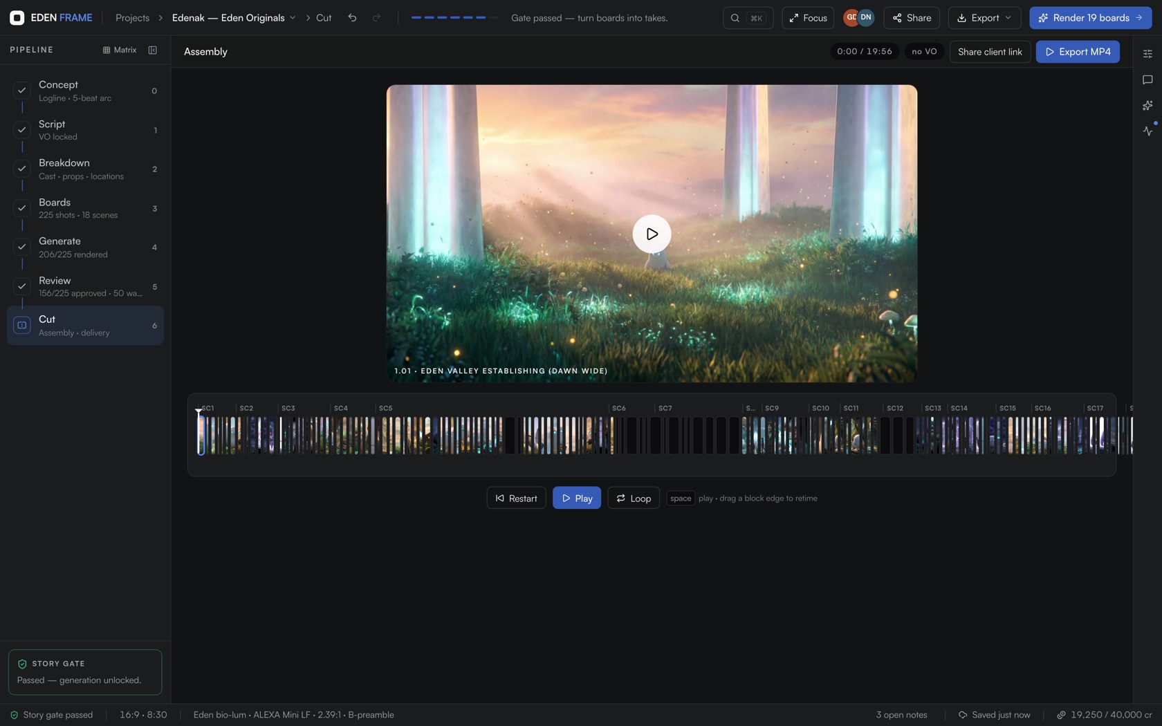 Cut timeline assembled from approved takes