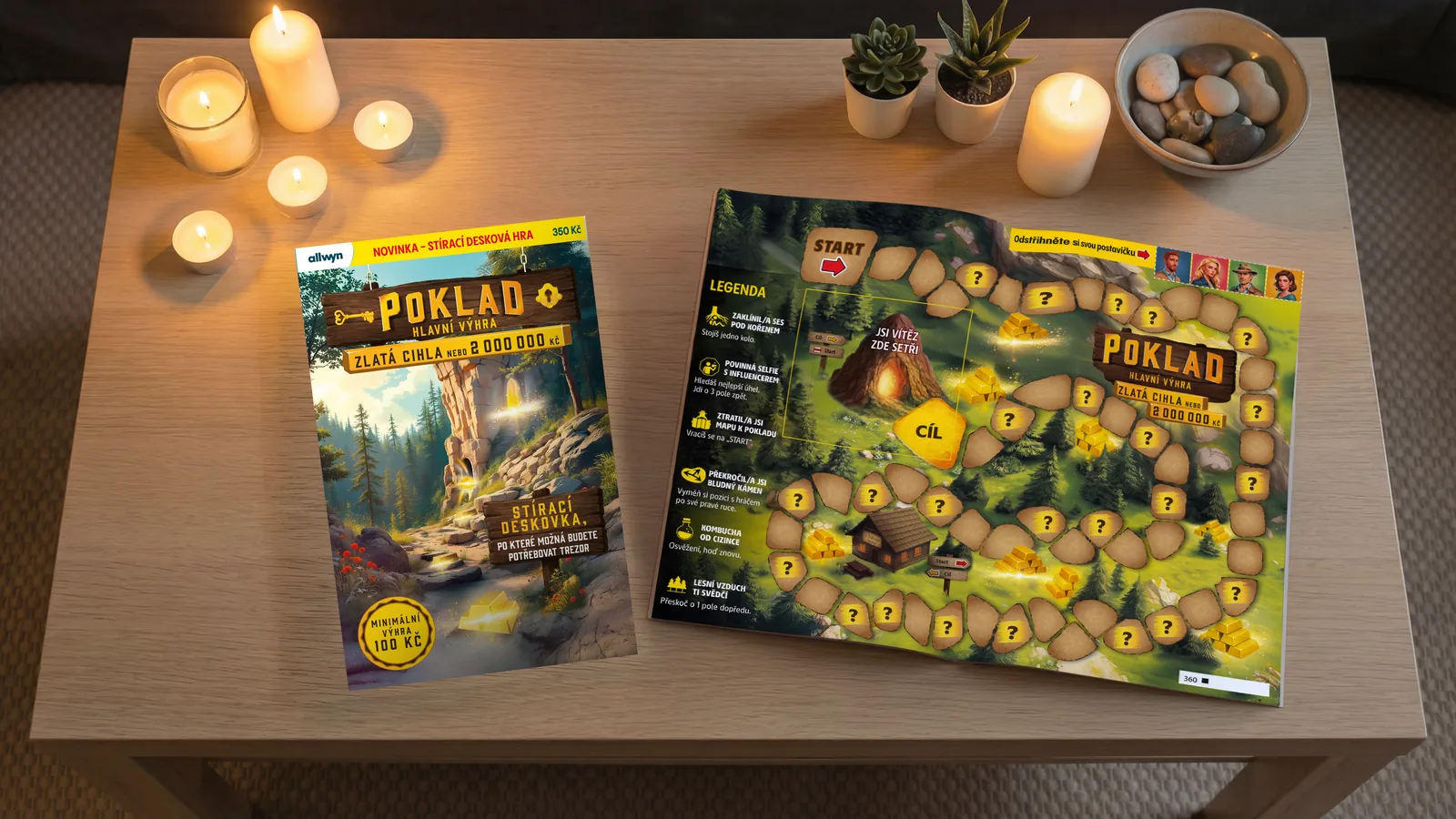 Two POKLAD tickets on a table by candlelight