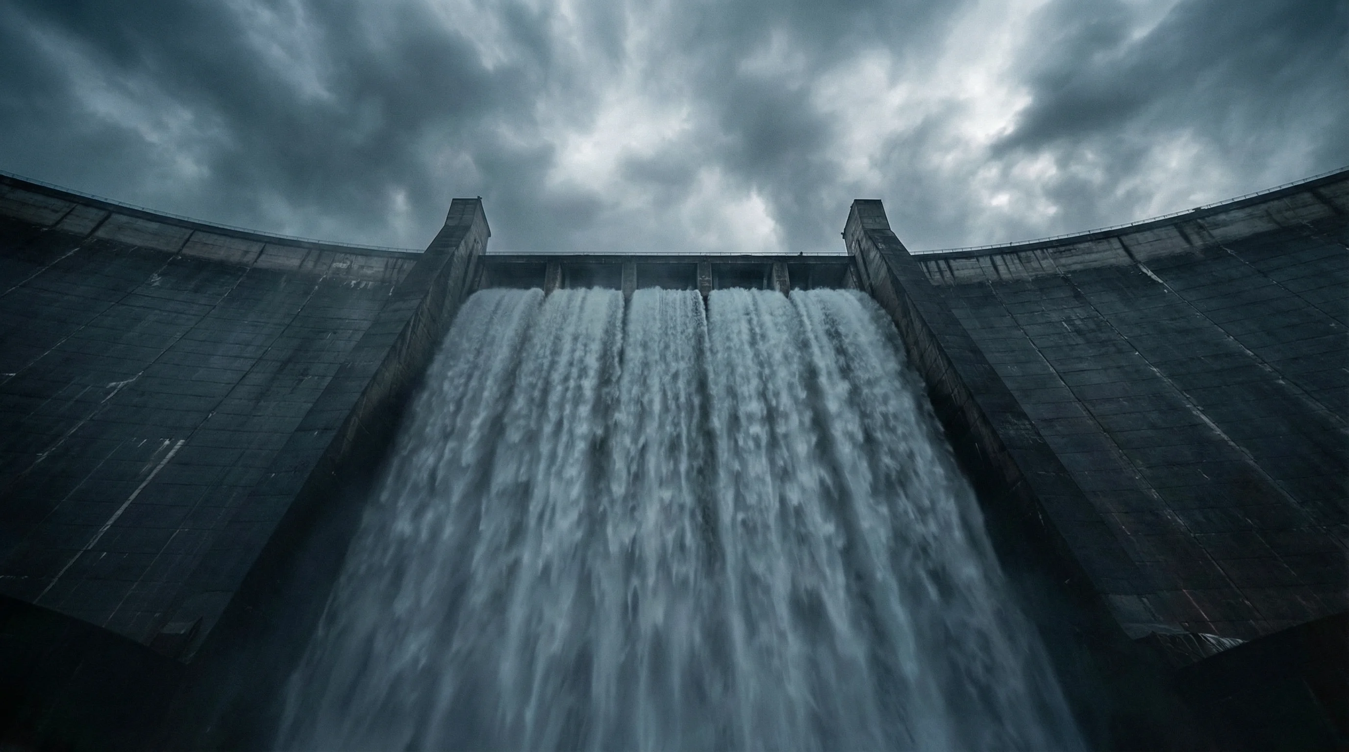 Dramatic dam with water cascading