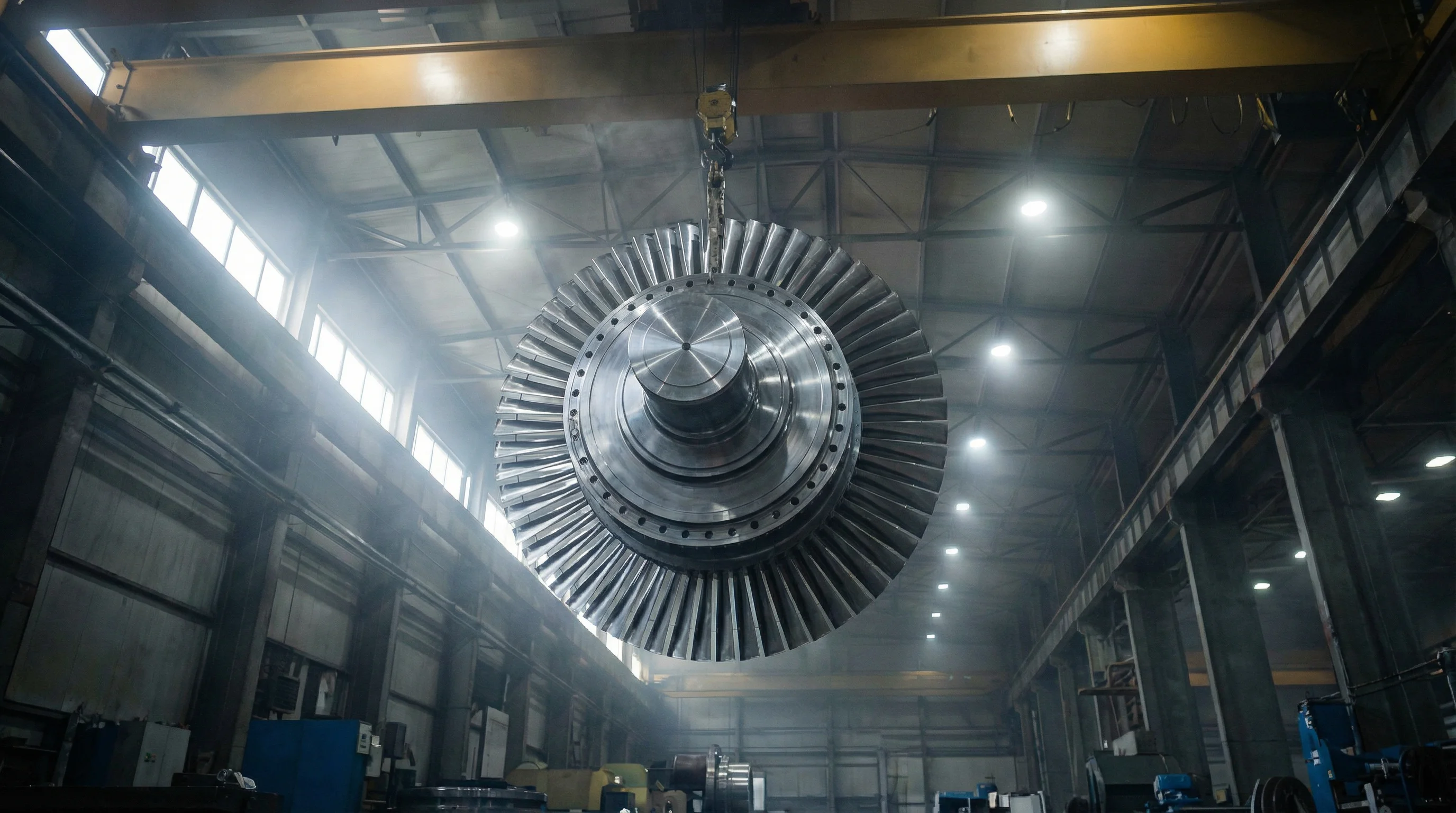Turbine rotor suspended in factory