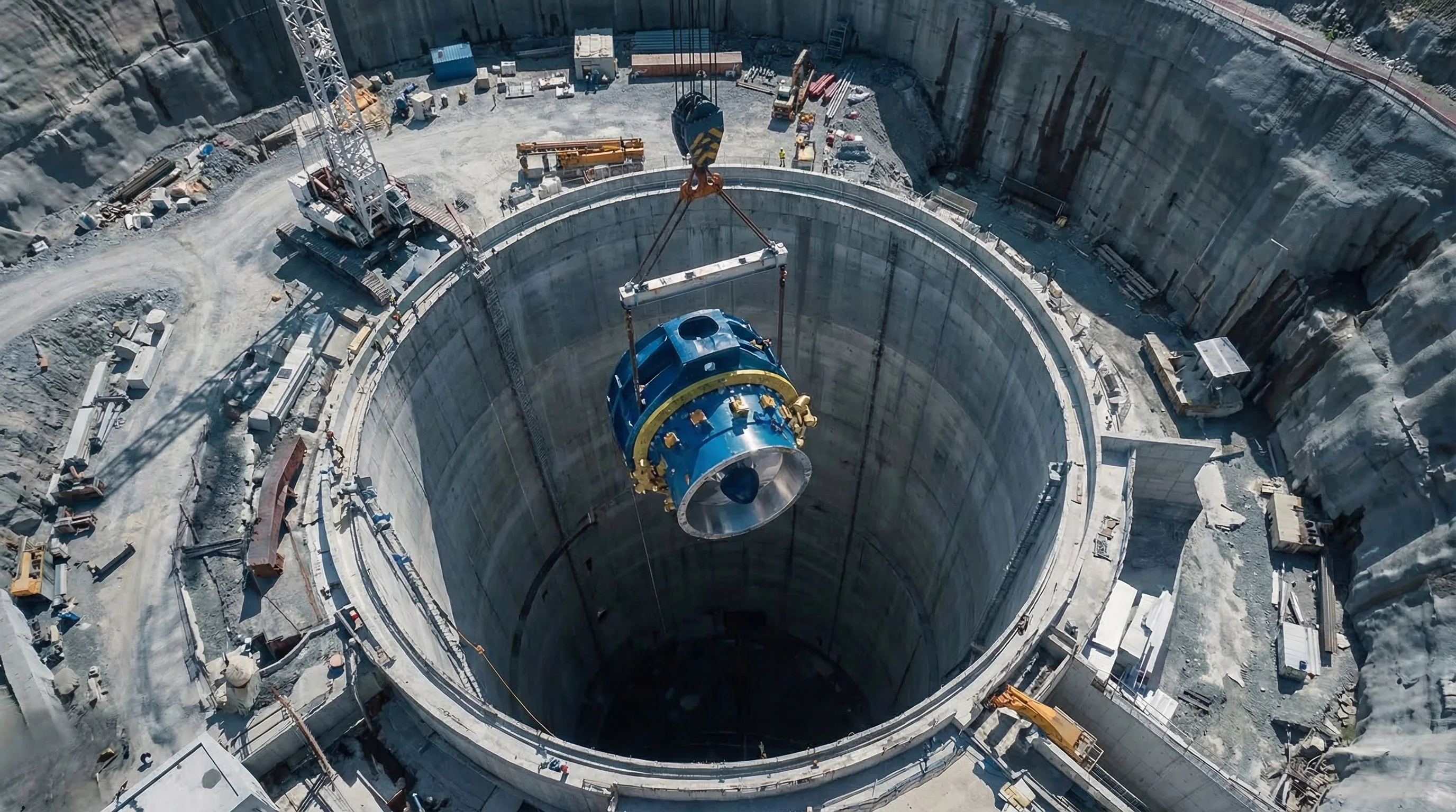 Turbine being lowered into dam shaft by crane
