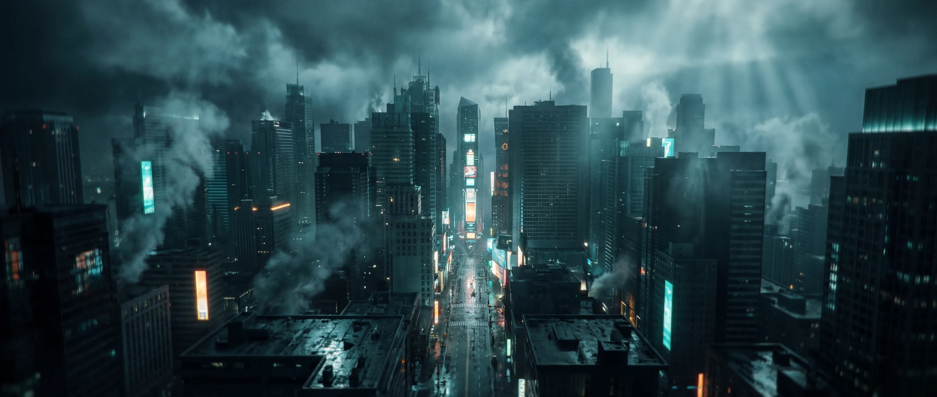 Futuristic city skyline in storm light