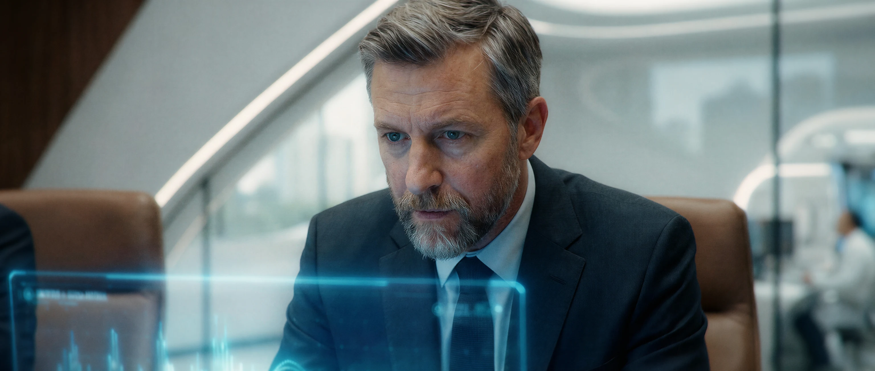 Corporate executive in a futuristic office interface