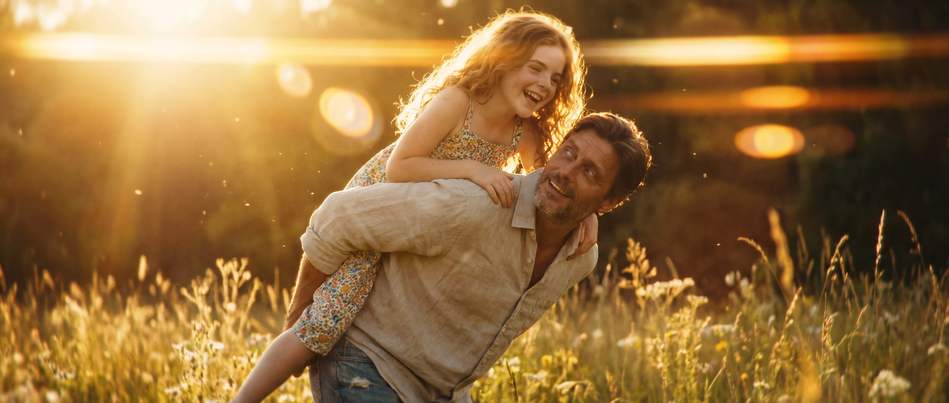 Father carrying daughter through a sunlit field