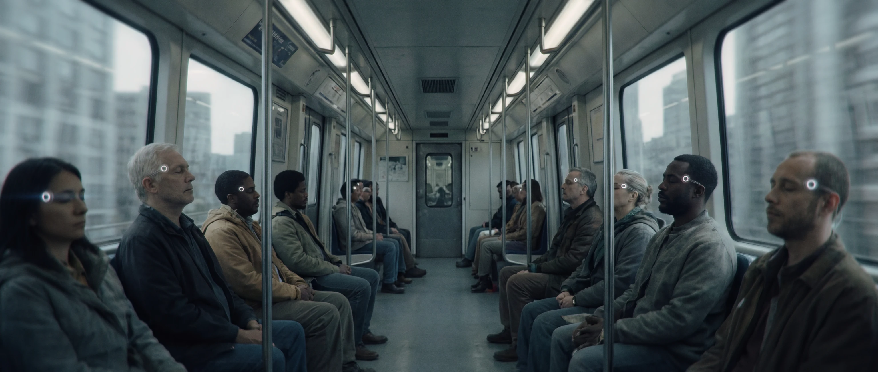 Passengers sitting in a train with visible neural implants