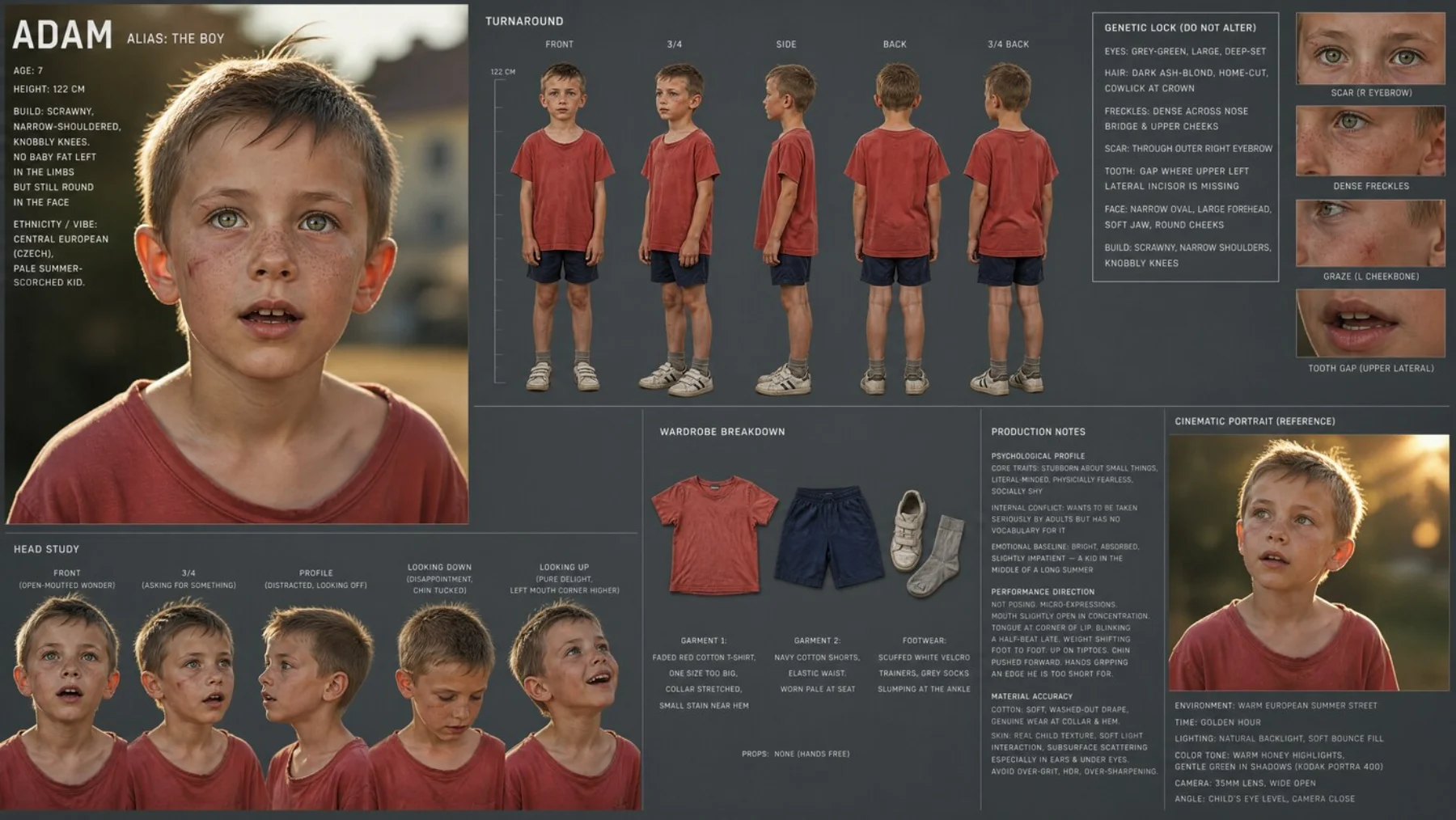 Character sheet - Adam at 7, turnaround and head study