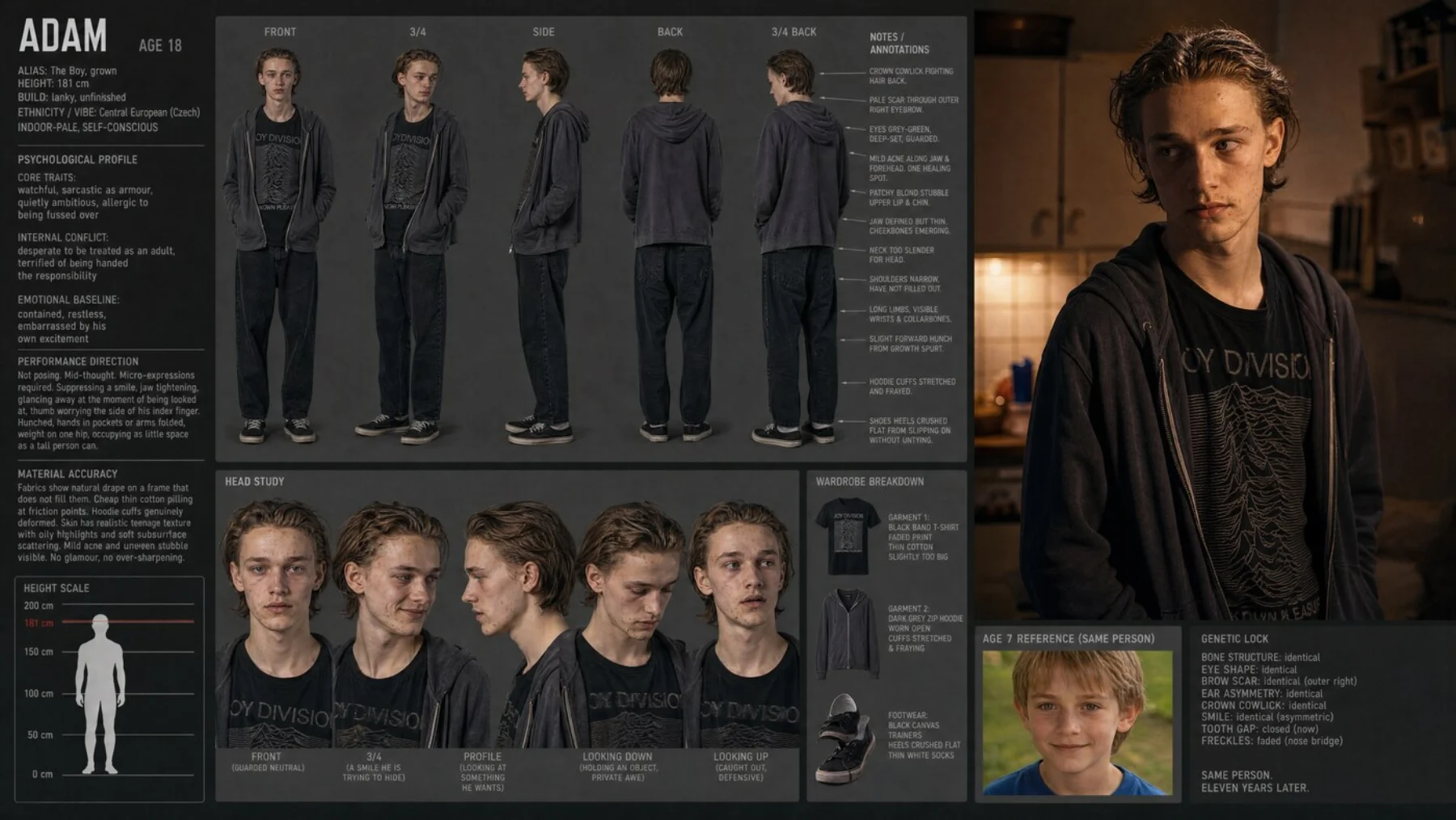 Character sheet - Adam at 18, turnaround and head study