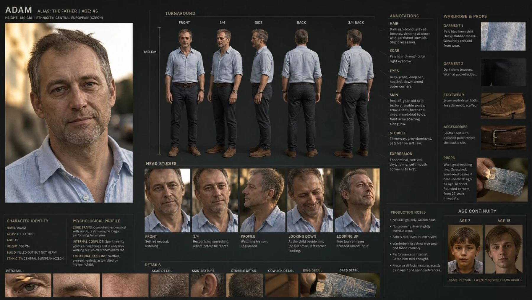 Character sheet - Adam at 45, turnaround and head study